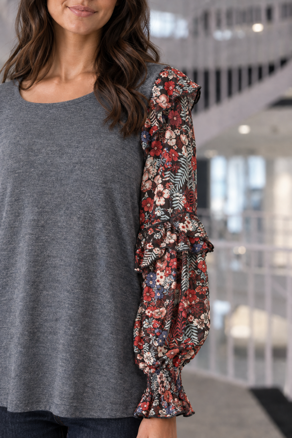 383 Multi Color Floral Ruffle Sleeve Knit Top