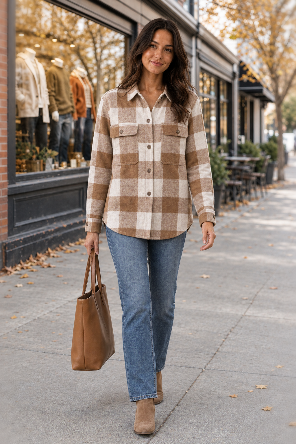 10225 Tan Lightweight Plaid Button Down Top