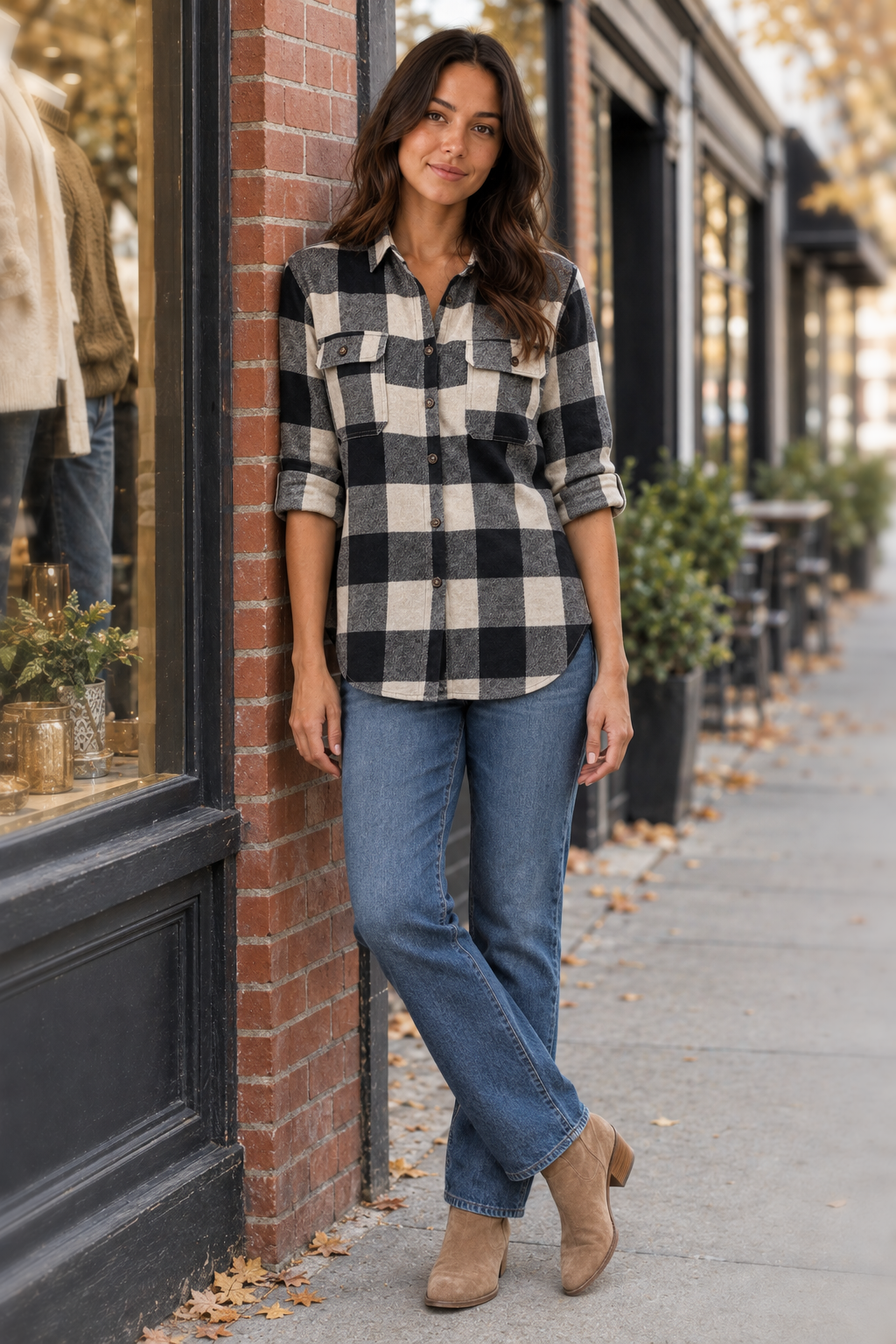 10225 Black Lightweight Plaid Button Down Top