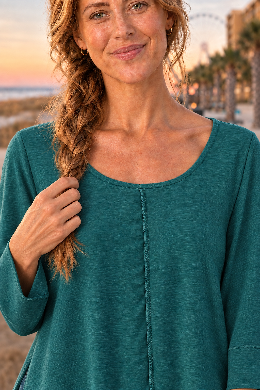 687 Teal Bell Sleeve Flowy Knit Top — Neckline detail