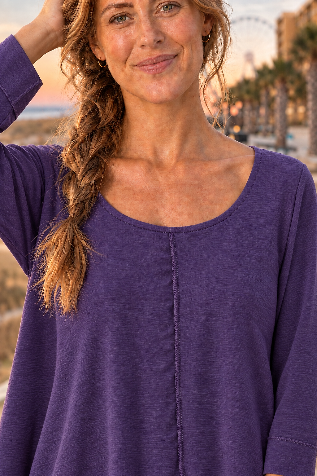 687 Purple Bell Sleeve Flowy Knit Top — Neckline detail
