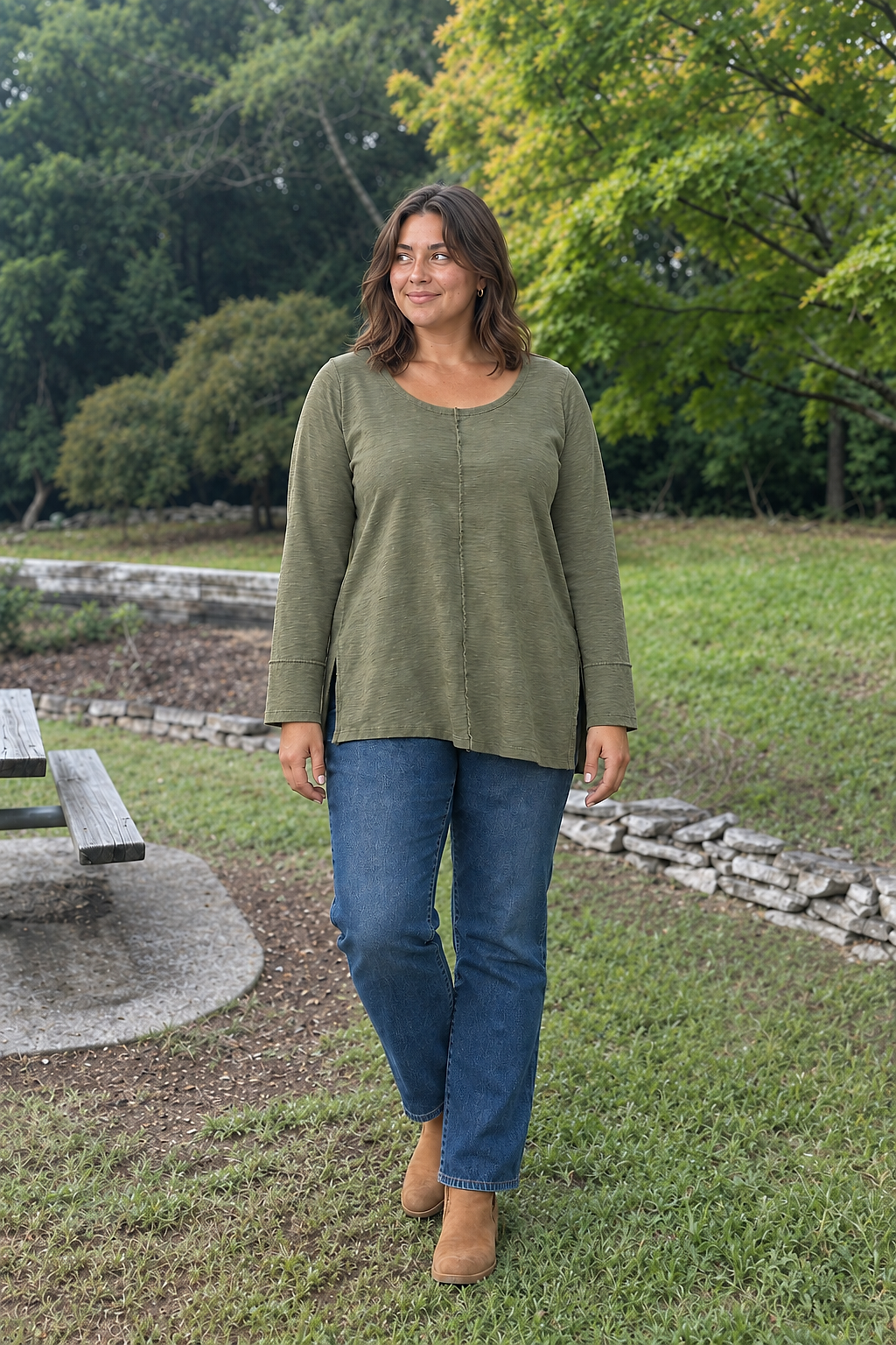 687 Olive Bell Sleeve Flowy Knit Top Plus