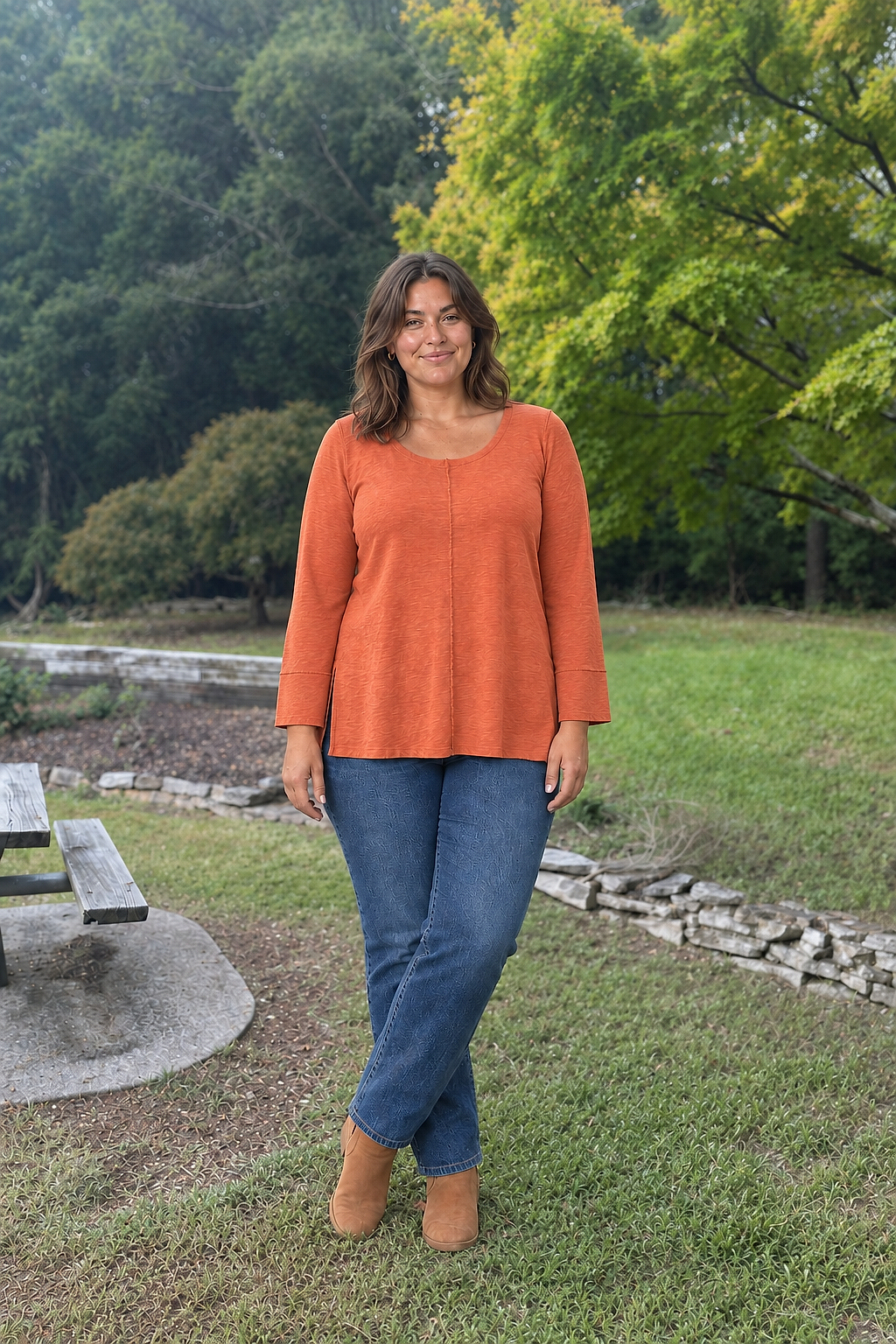 687 Orange Bell Sleeve Flowy Knit Top Plus