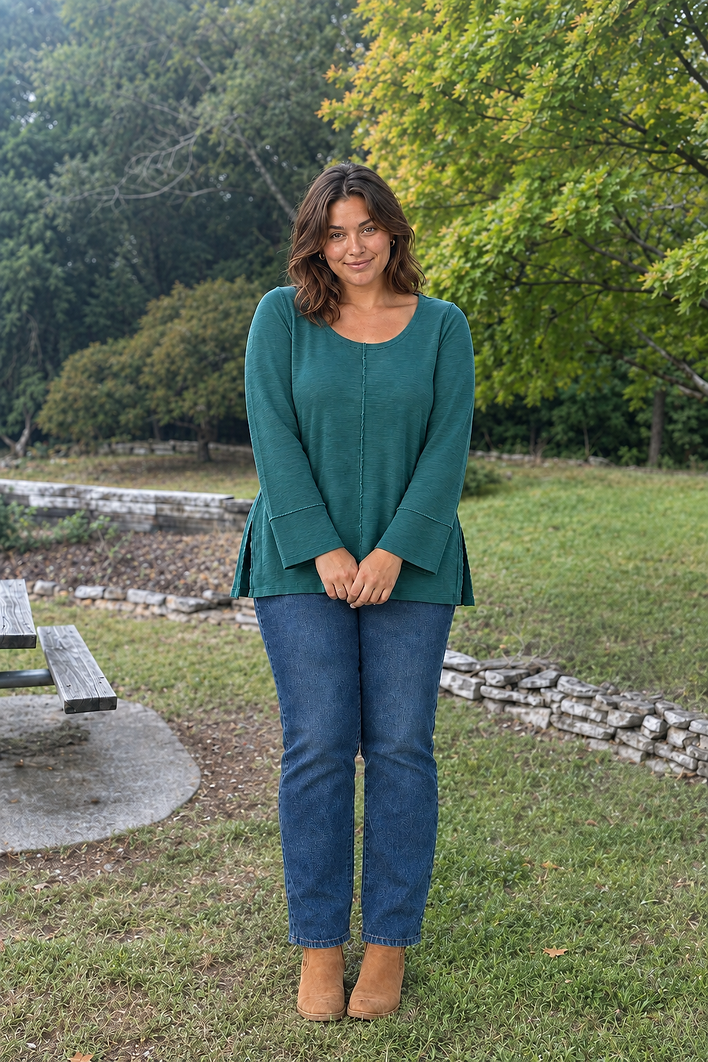 687 Teal Bell Sleeve Flowy Knit Top Plus