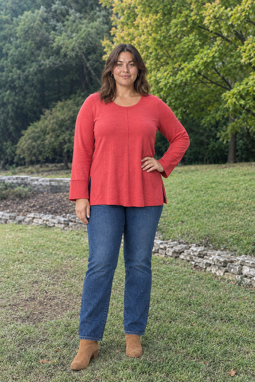687 Red Bell Sleeve Flowy Knit Top Plus