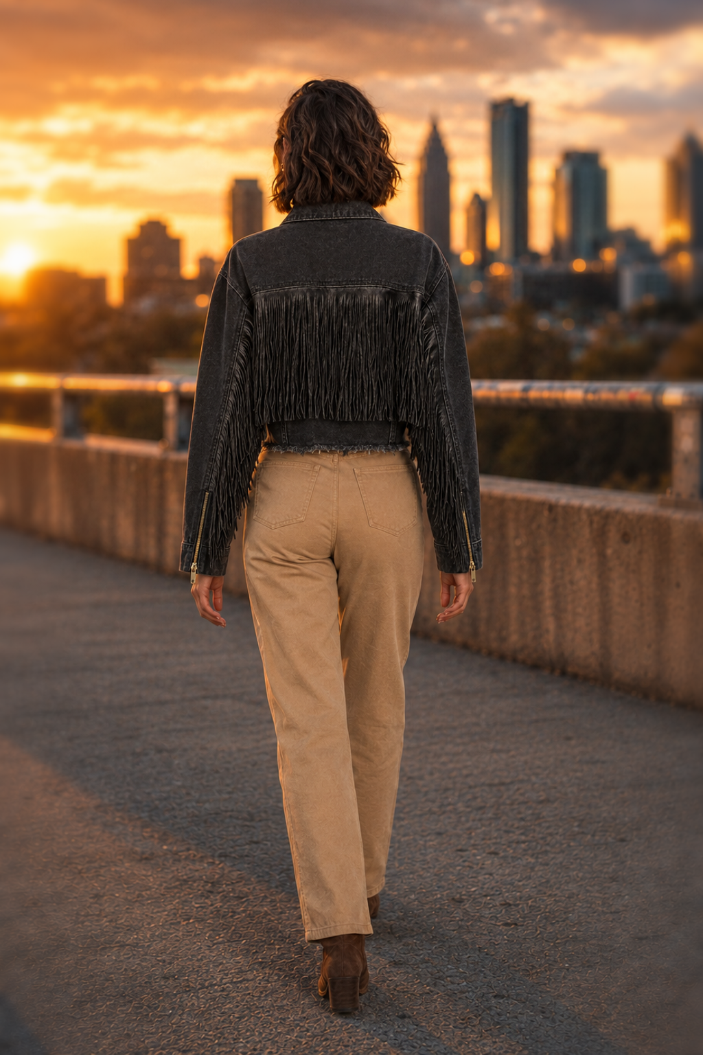 7156 Black Cropped Fringe Denim Jacket