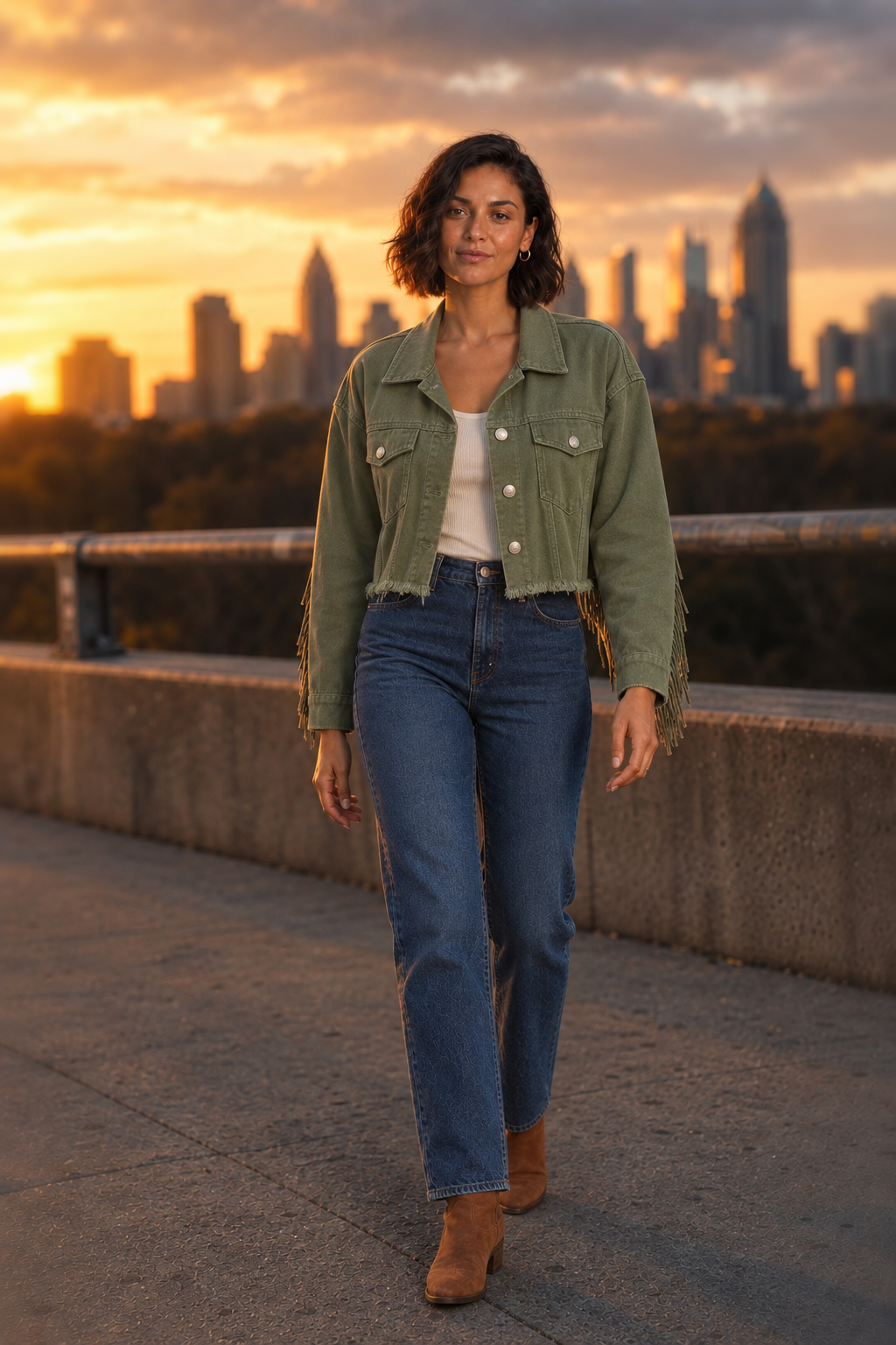 7156 Olive Fever Cropped Fringe Denim Jacket