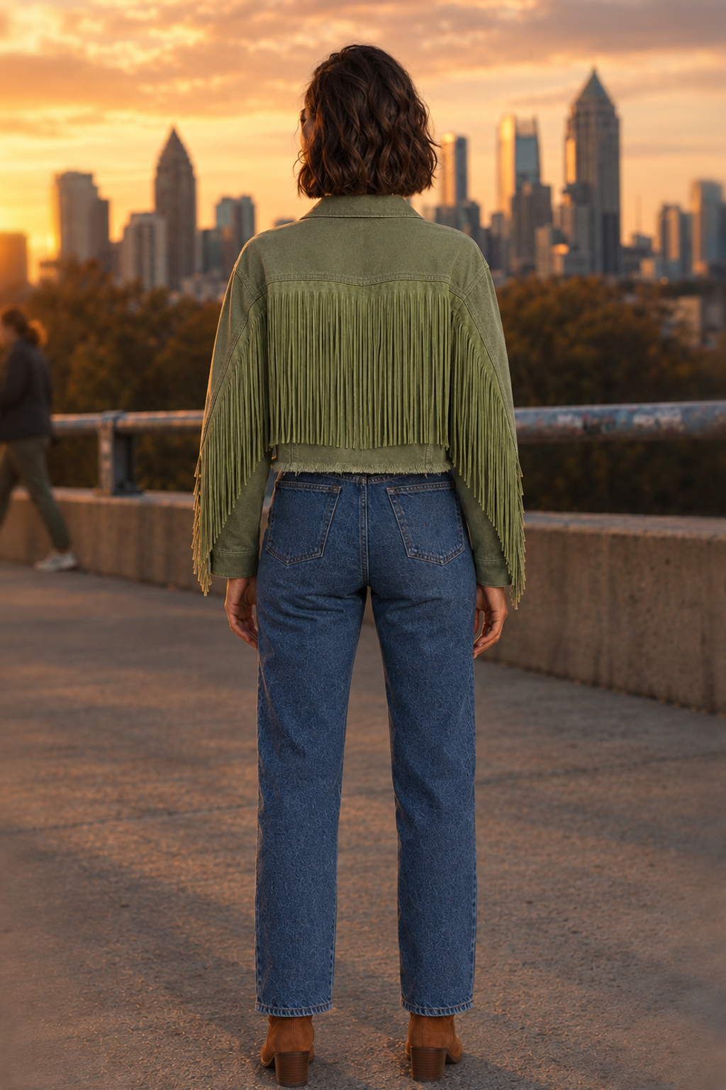 7156 Olive Fever Cropped Fringe Denim Jacket