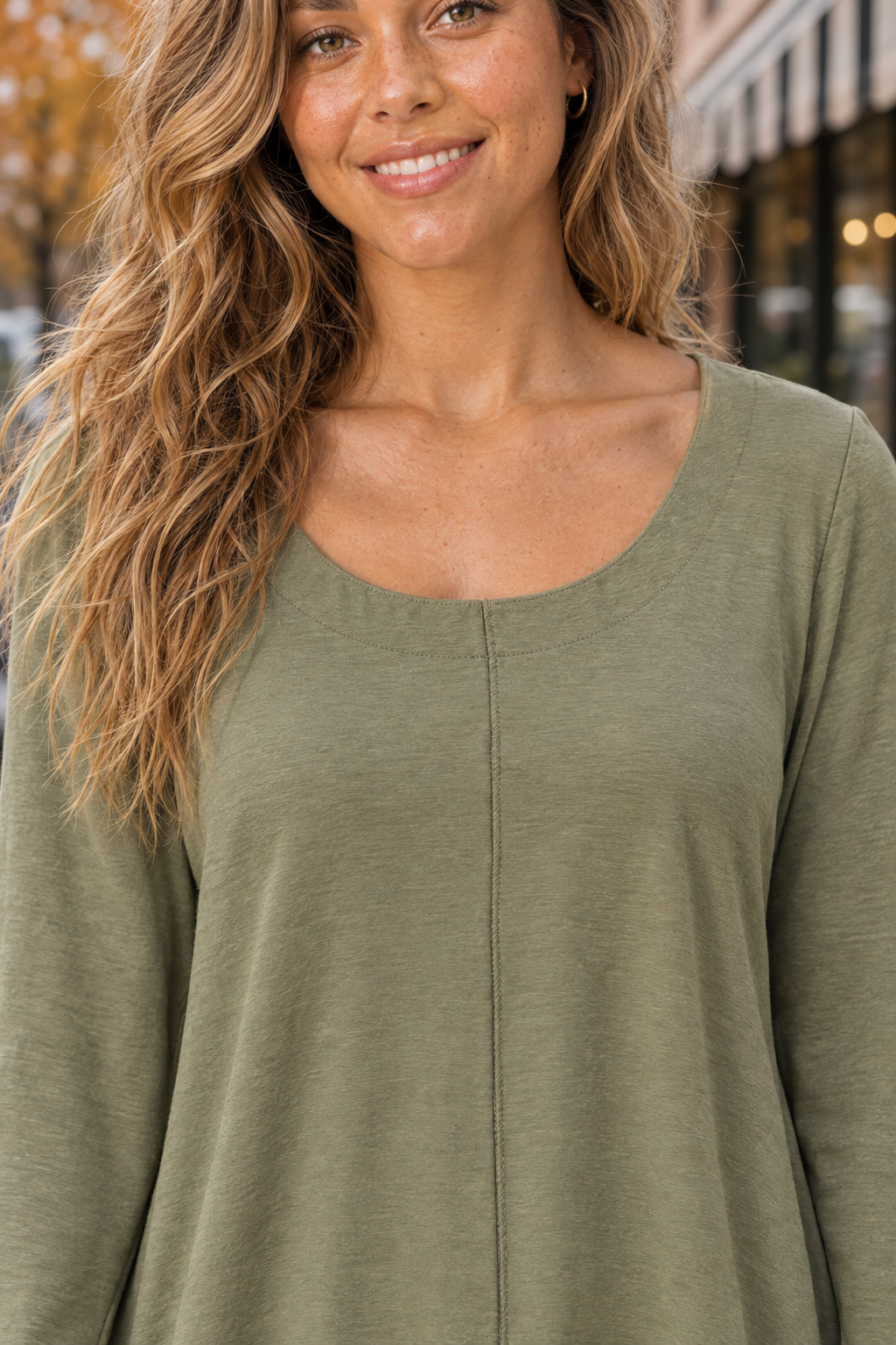 687 Olive Bell Sleeve Flowy Knit Top — Neckline detail
