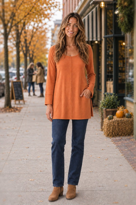 687 Orange Bell Sleeve Flowy Knit Top
