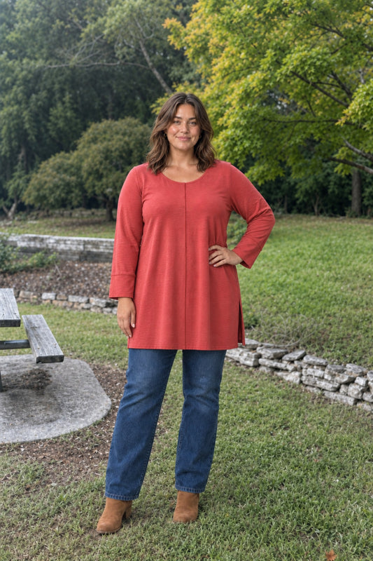 687 Red Bell Sleeve Flowy Knit Top Plus