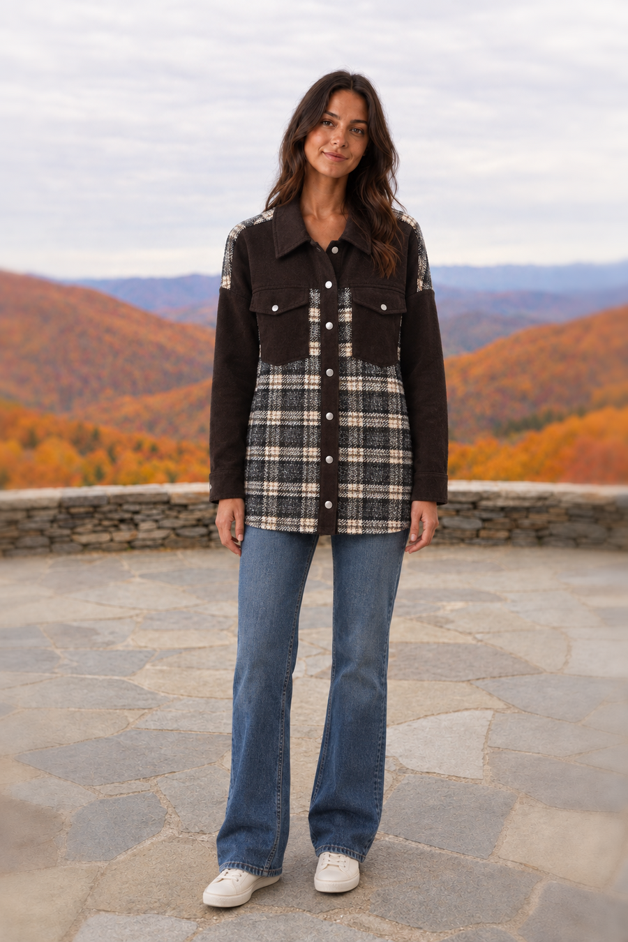 823 Brown Plaid Color Block Snap Jacket
