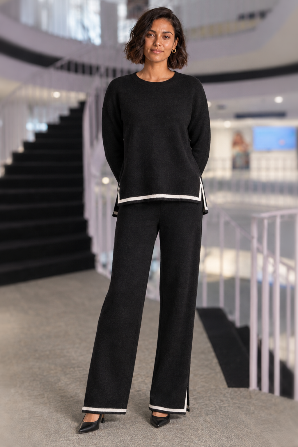 317 Black Contrast Trim Knit Two-Piece Set
