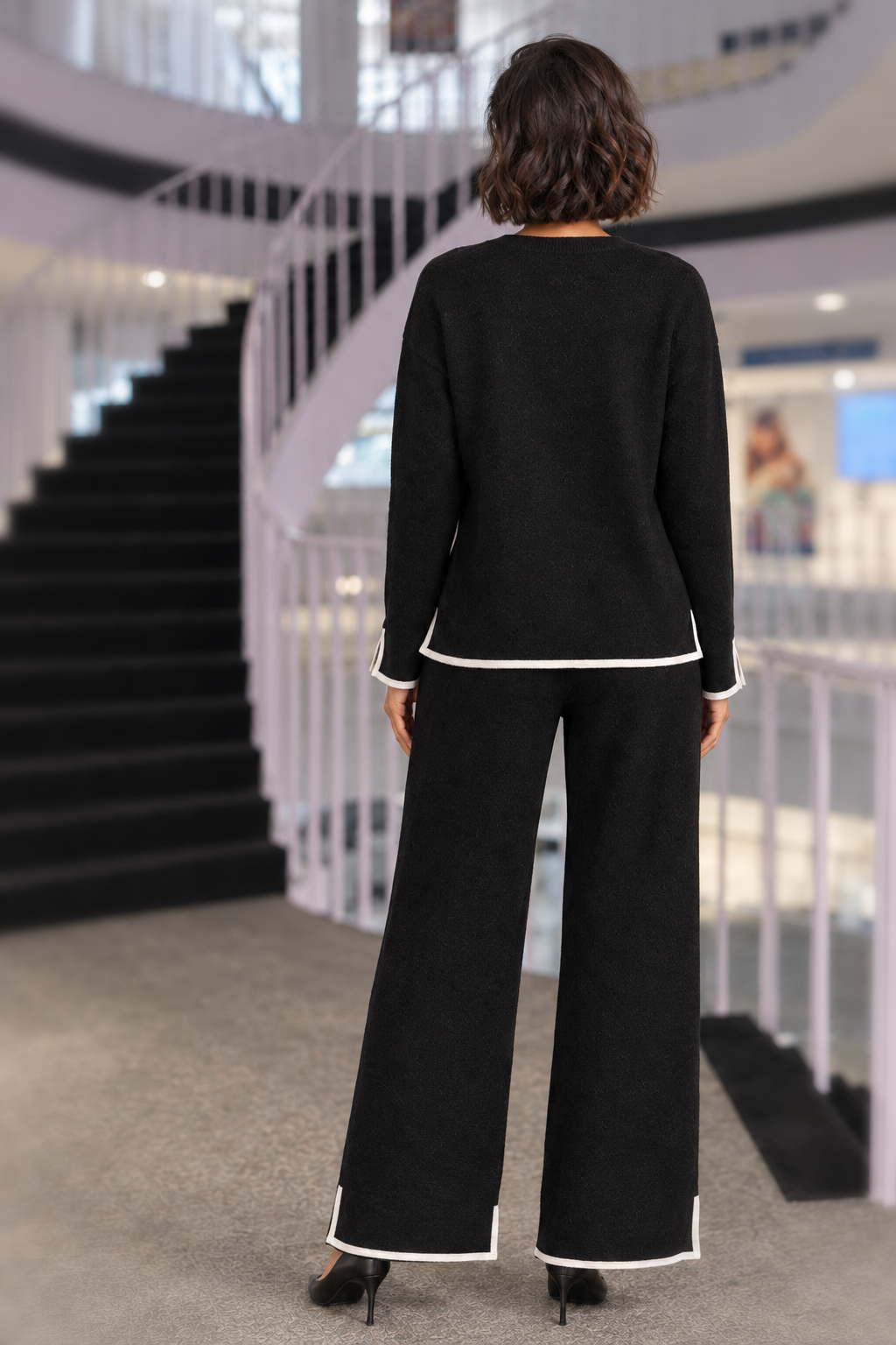 317 Black Contrast Trim Knit Two-Piece Set — back view
