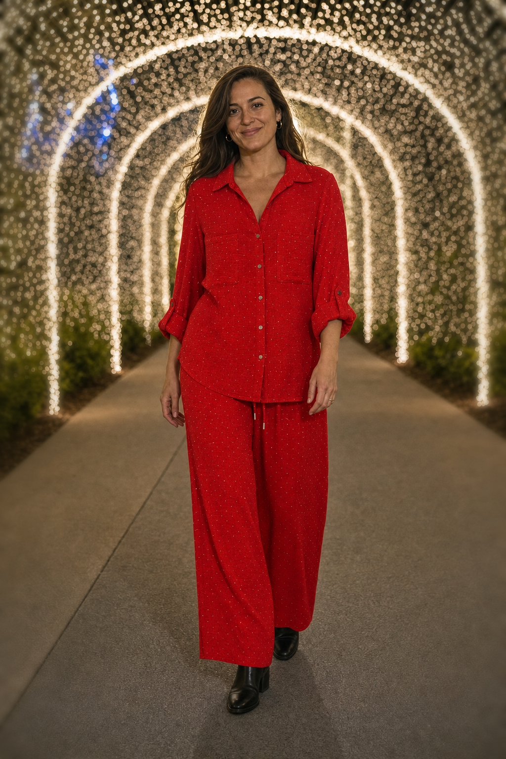 5700 Red Glitter Dot Button-Down Two-Piece Set