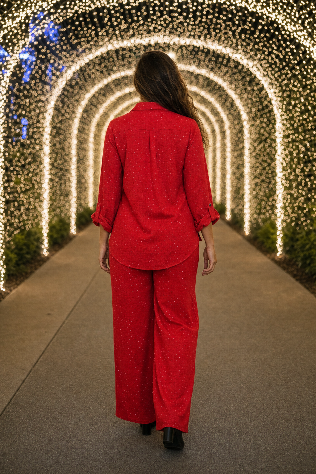 5700 Red Glitter Dot Button-Down Two-Piece Set — back