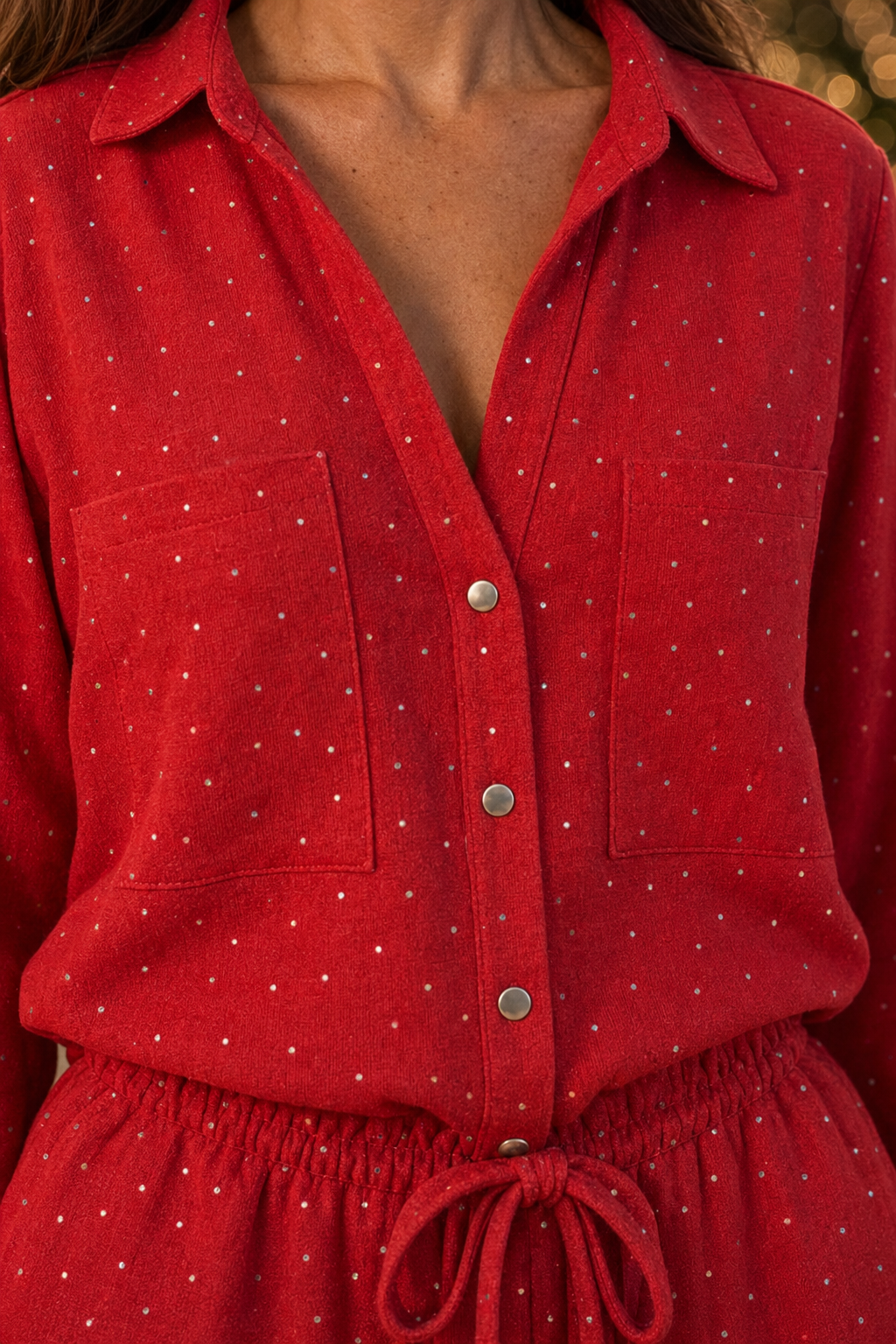 5700 Red Glitter Dot Button-Down Two-Piece Set — pocket and placket detail