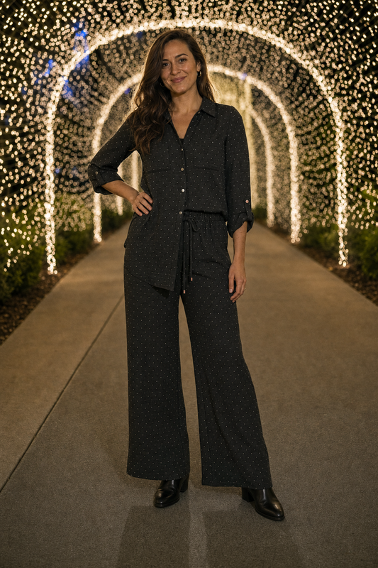 5700 Black Glitter Dot Button-Down Two-Piece Set