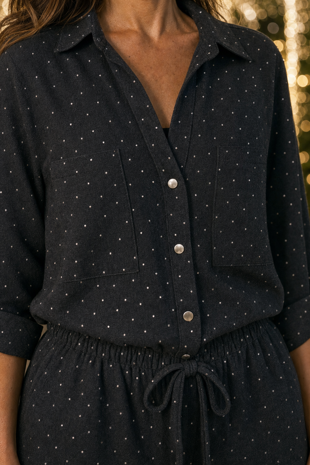 5700 Black Glitter Dot Button-Down Two-Piece Set — pocket and placket detail