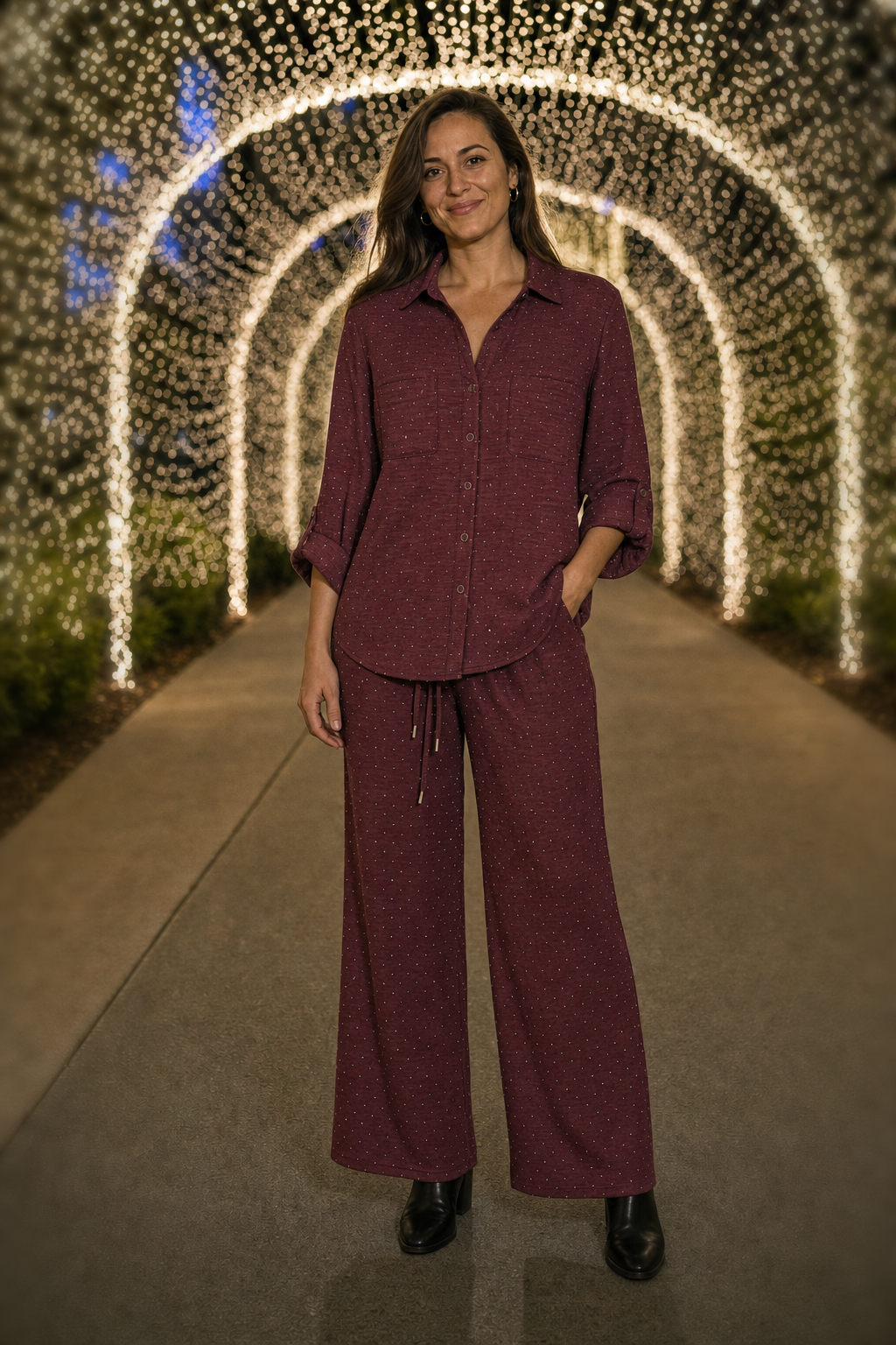 5700 Burgundy Glitter Dot Button-Down Two-Piece Set