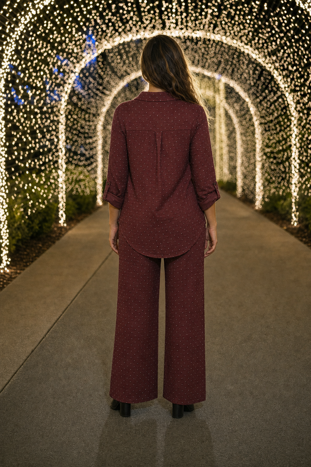 5700 Burgundy Glitter Dot Button-Down Two-Piece Set — back