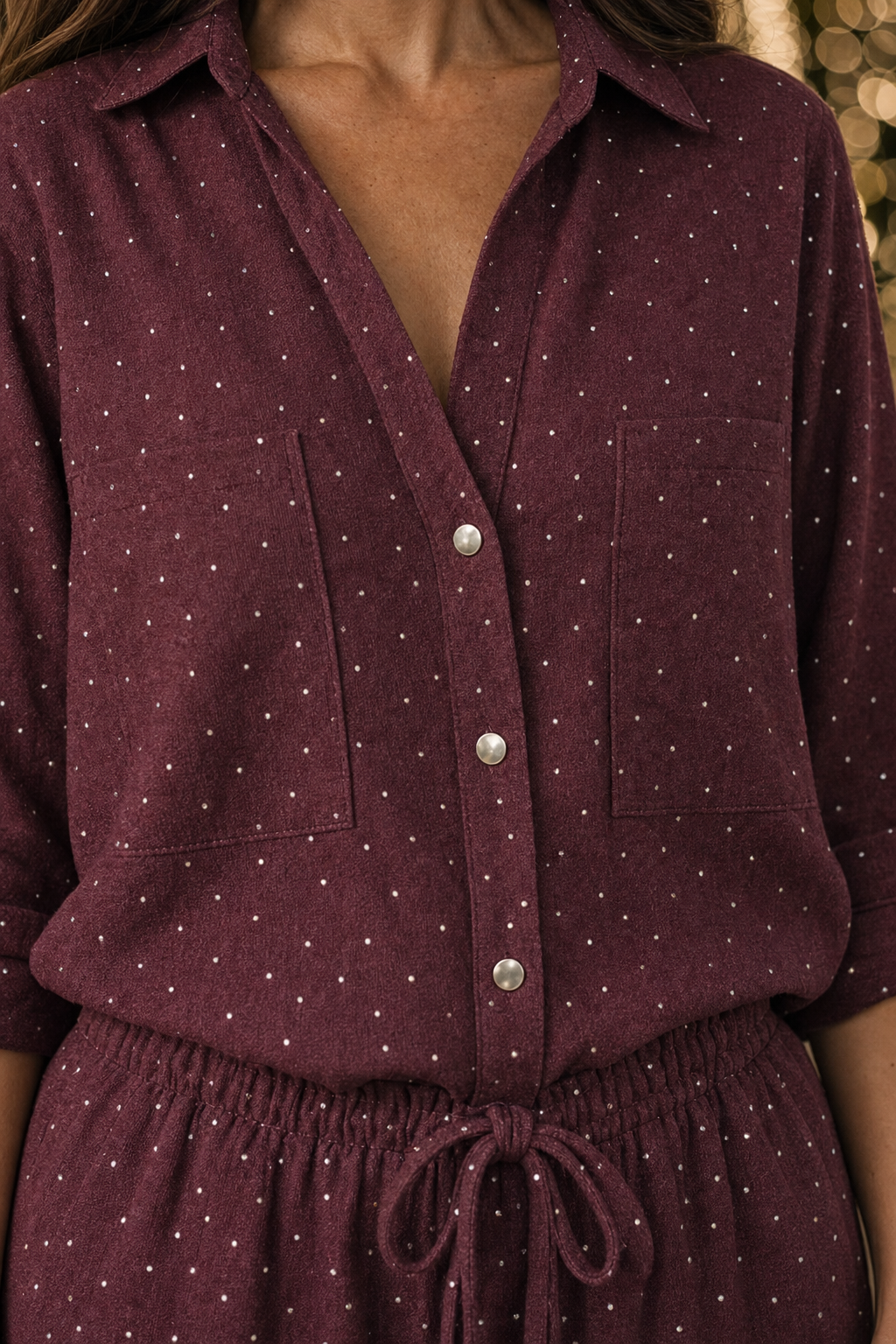 5700 Burgundy Glitter Dot Button-Down Two-Piece Set — pocket and placket detail