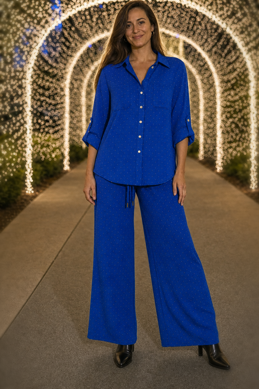 5700 Royal Blue Glitter Dot Button-Down Two-Piece Set