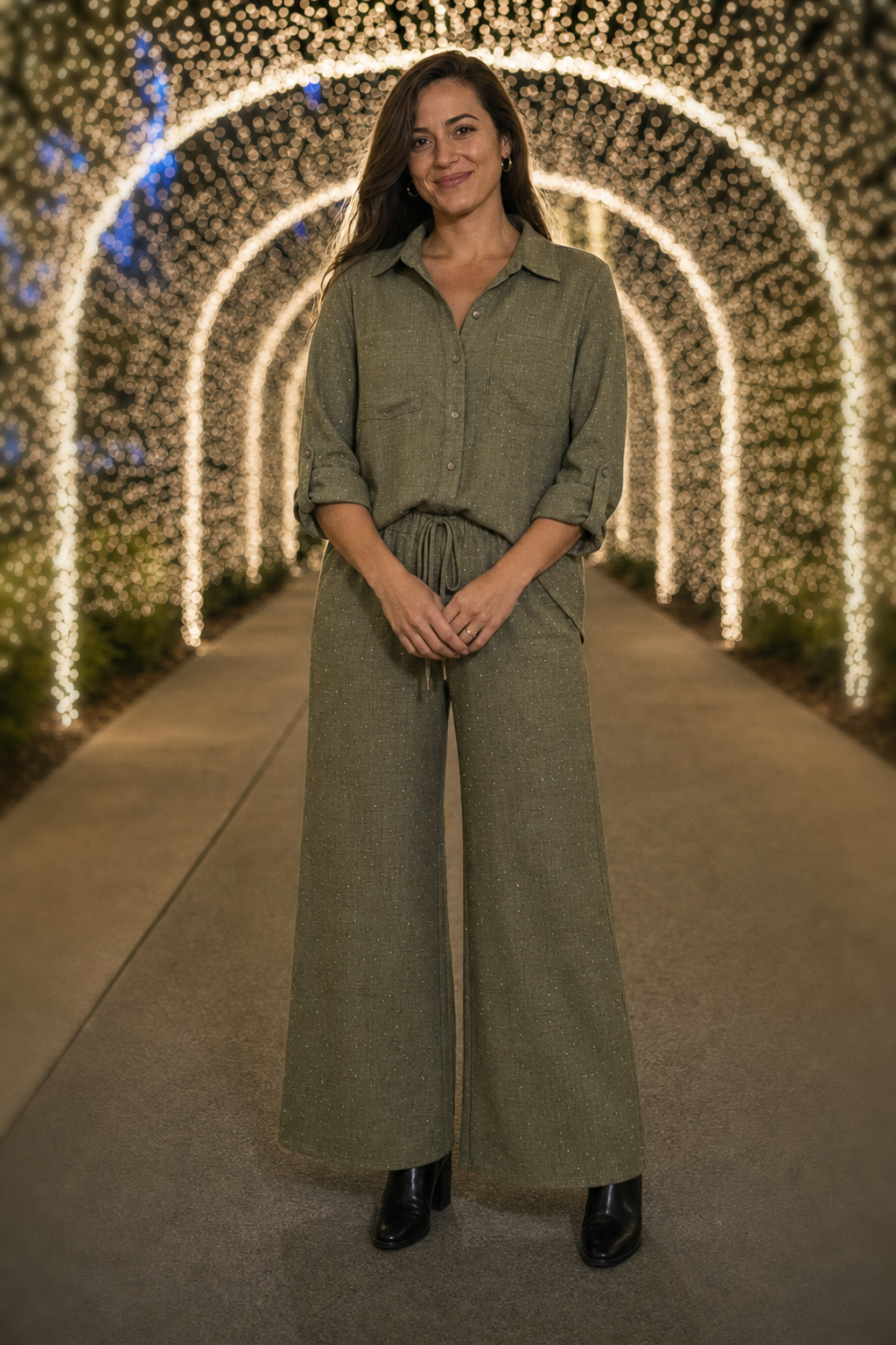 5700 Olive Glitter Dot Button-Down Two-Piece Set
