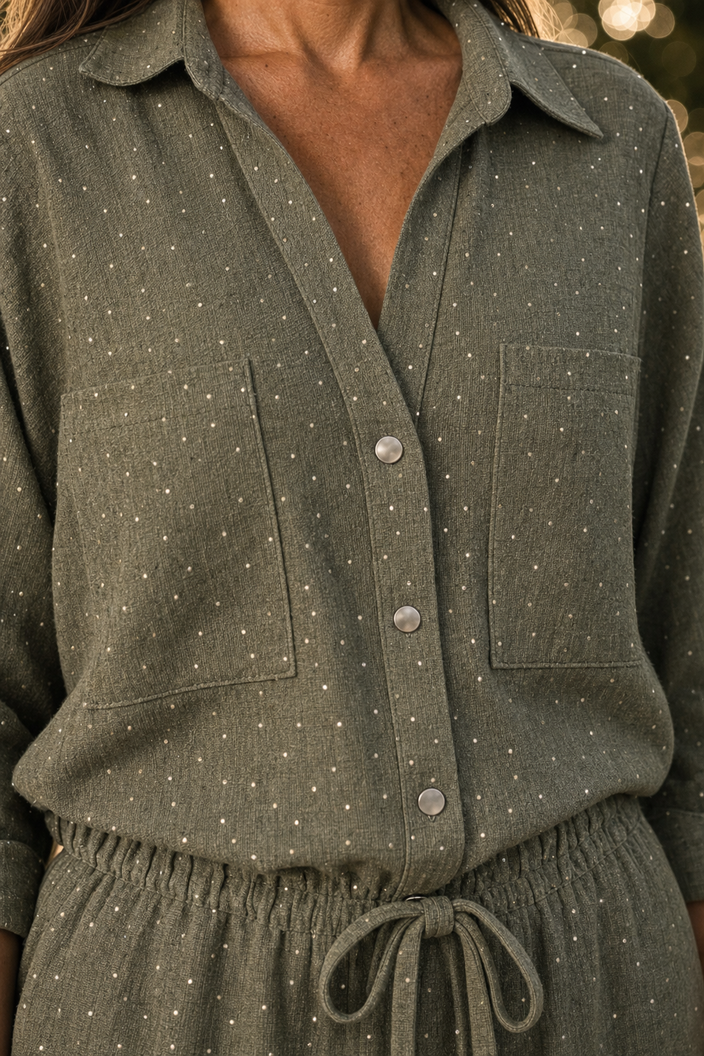 5700 Olive Glitter Dot Button-Down Two-Piece Set — pocket and placket detail