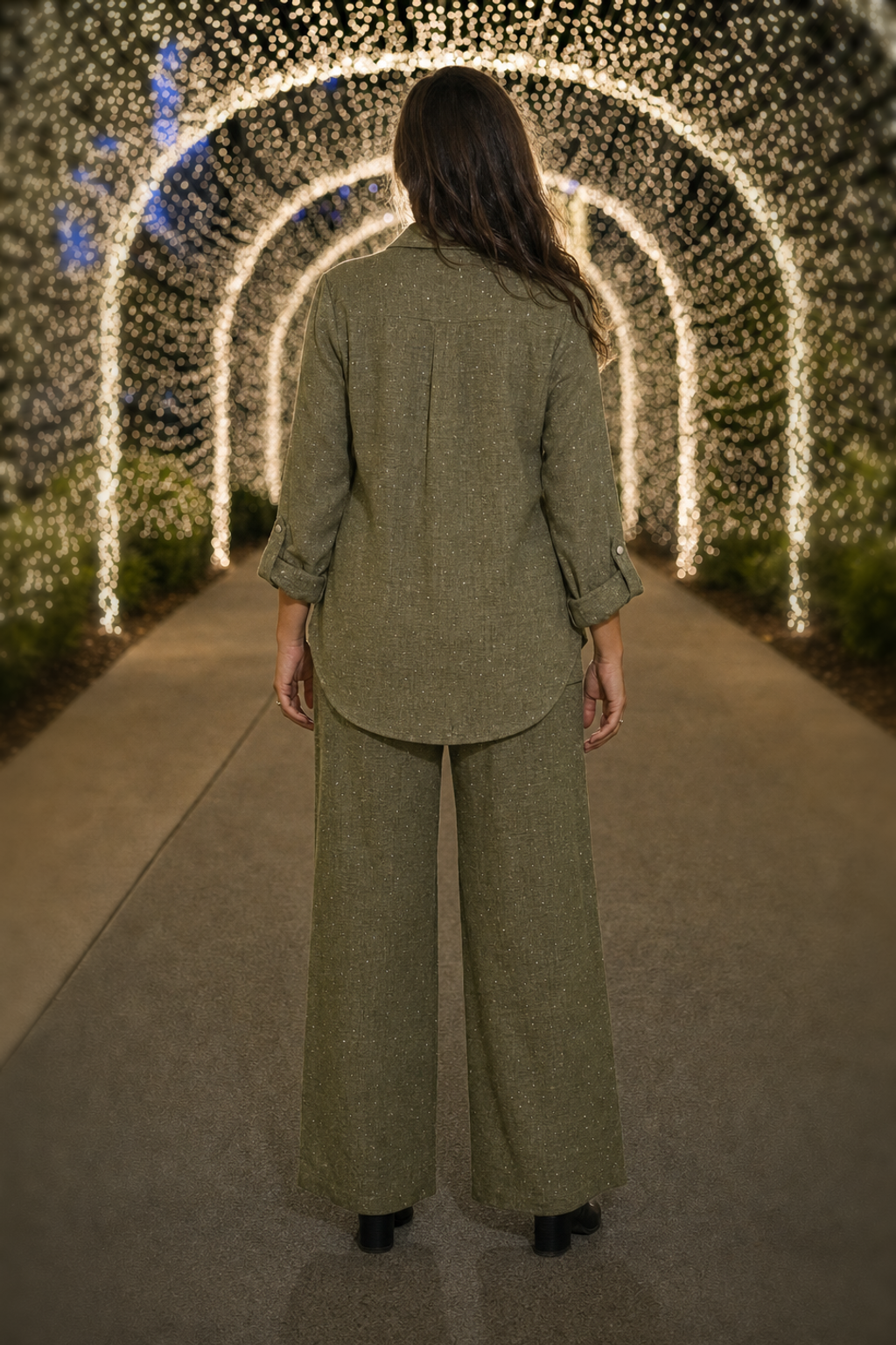 5700 Olive Glitter Dot Button-Down Two-Piece Set — back