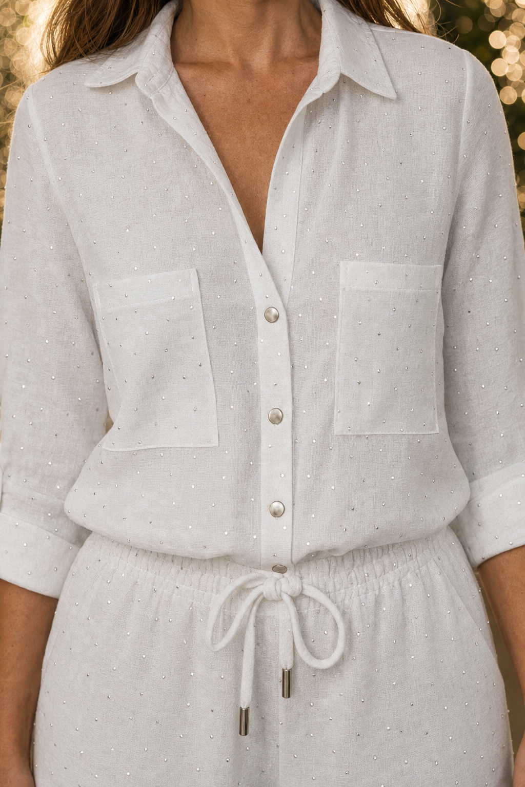 5700 Snow White Glitter Dot Button-Down Two-Piece Set — pocket and placket detail