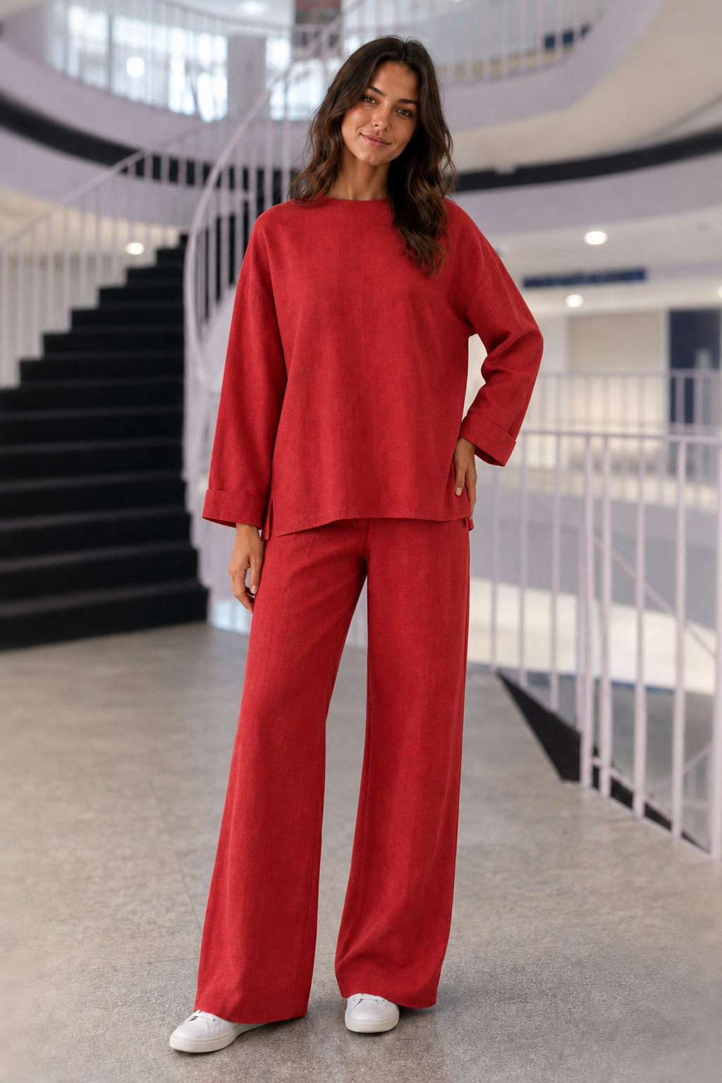 222 Red Linen-Look Top & Wide-Leg Pants Set
