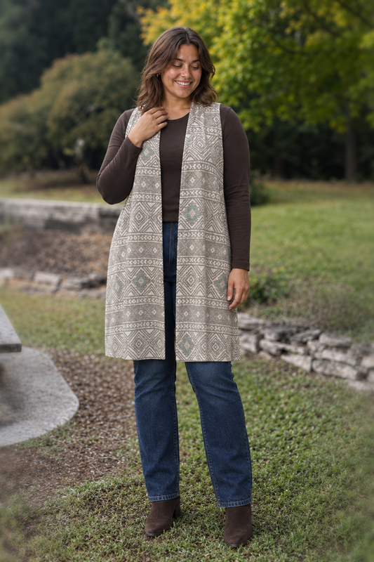 5236 Taupe Aztec Longline Pocket Vest Plus — front