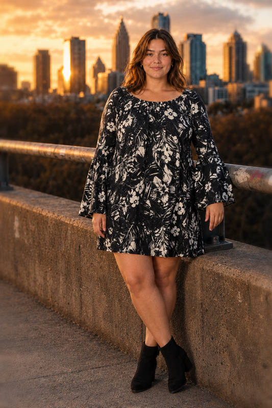 1236 Black Floral Bell Sleeve Dress Plus — front