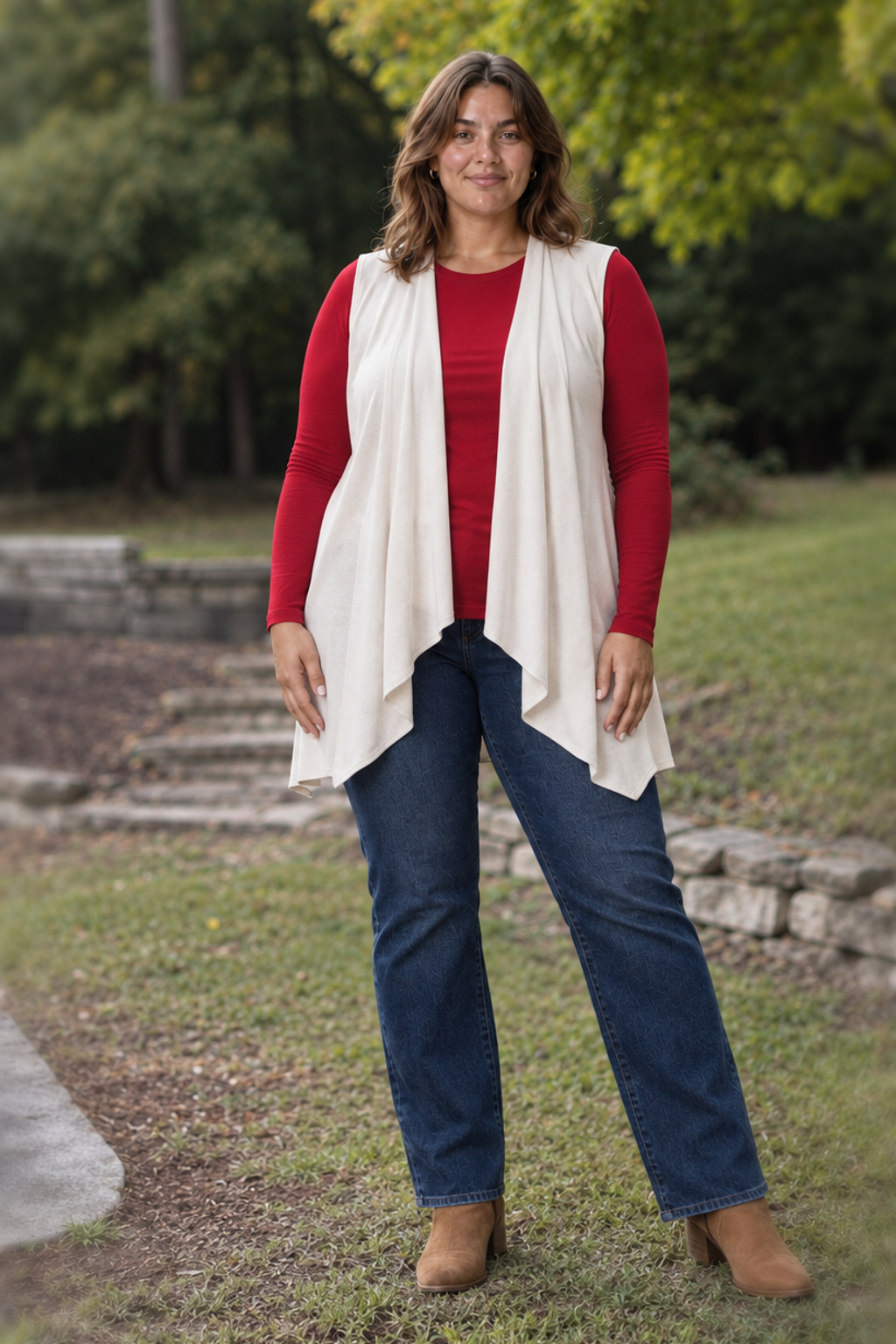 3887 Cream Open Front Drape Pocket Vest Plus — front