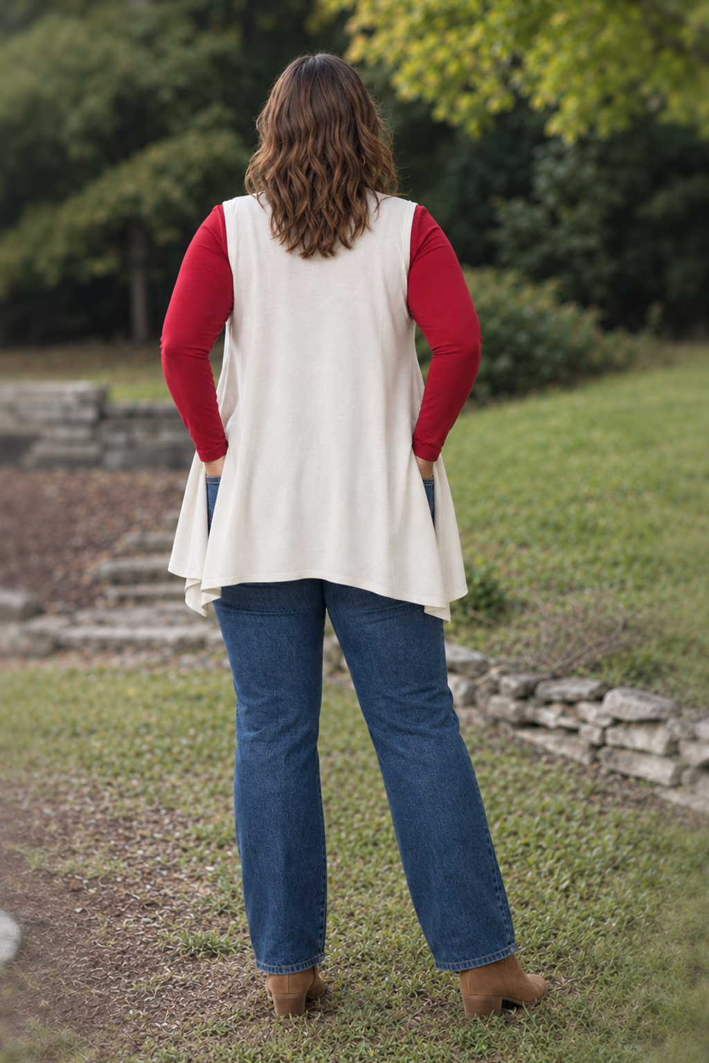 3887 Cream Open Front Drape Pocket Vest Plus — back