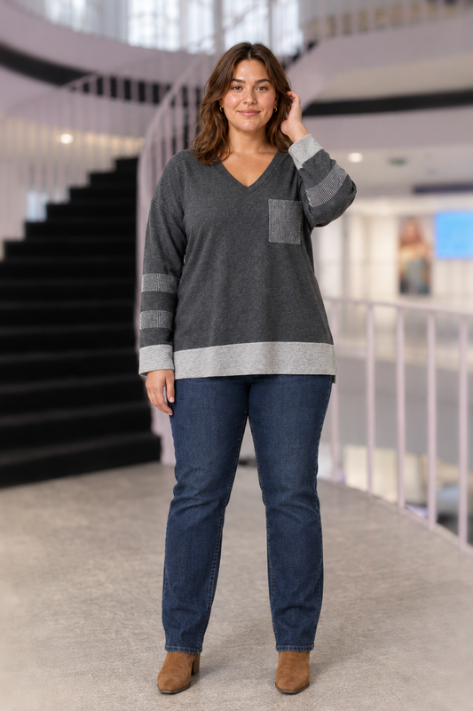 6559 Charcoal Metallic Pocket V-Neck Top Plus — front