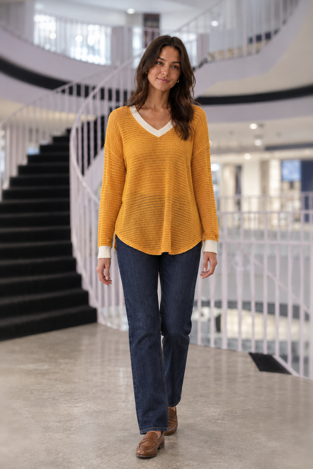 1263 Mustard Contrast Trim Waffle Knit Top — front