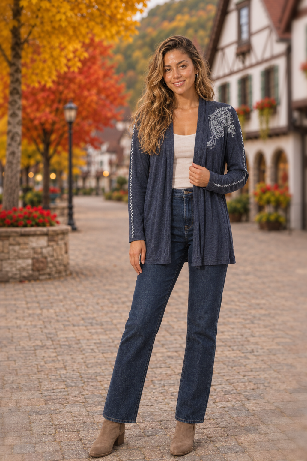137 Navy Embroidered Hacci Cardigan — front