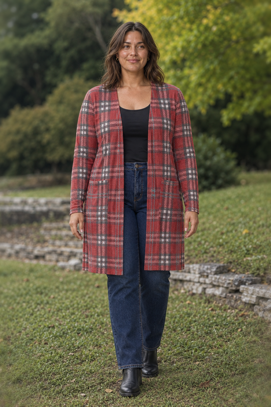015 Red Plaid Long Pocket Cardigan Plus — front