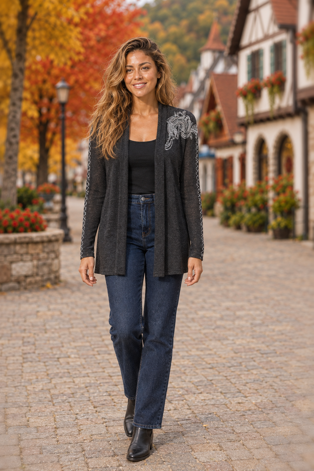 137 Charcoal Embroidered Hacci Cardigan — front