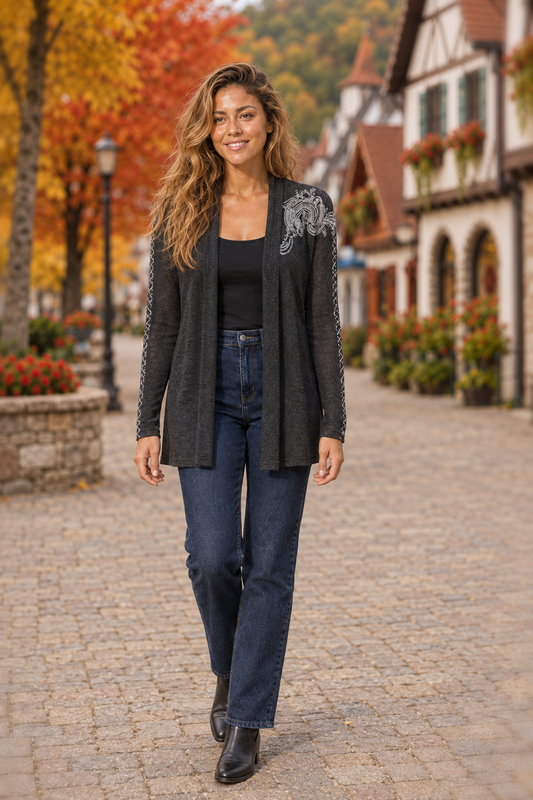 137 Charcoal Embroidered Hacci Cardigan — front
