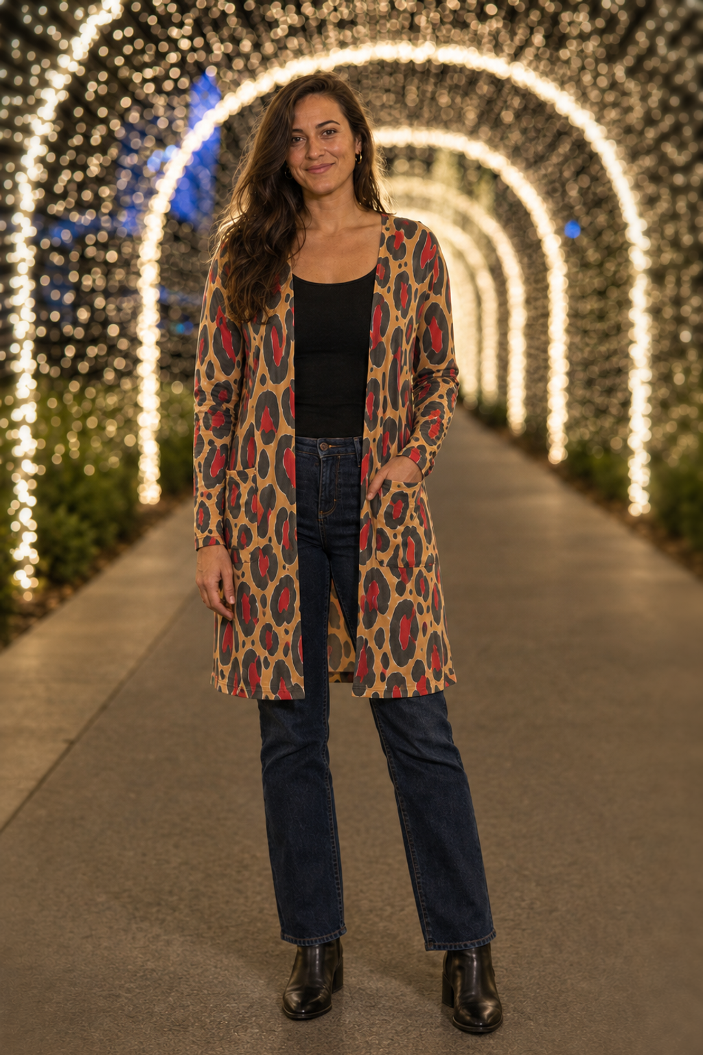 014 Red Leopard Open Front Pocket Cardigan - front
