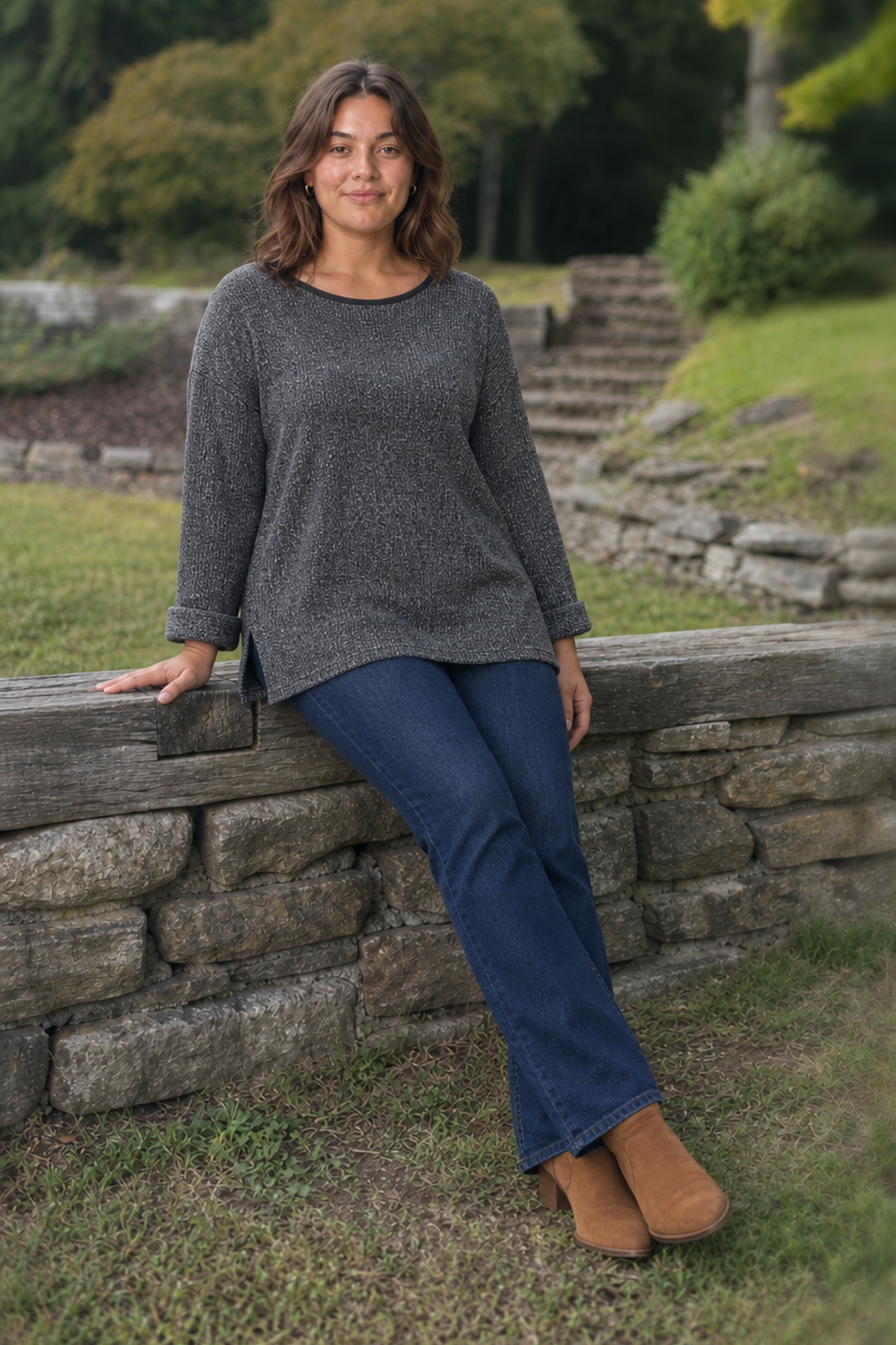 6522 Black Gray Roll Sleeve Mesh Knit Top Plus — front