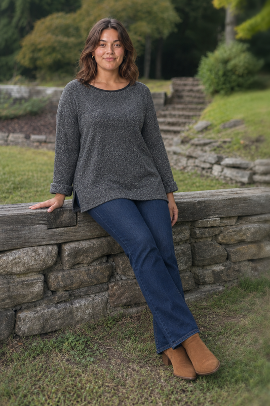 6522 Black Gray Roll Sleeve Mesh Knit Top Plus — front