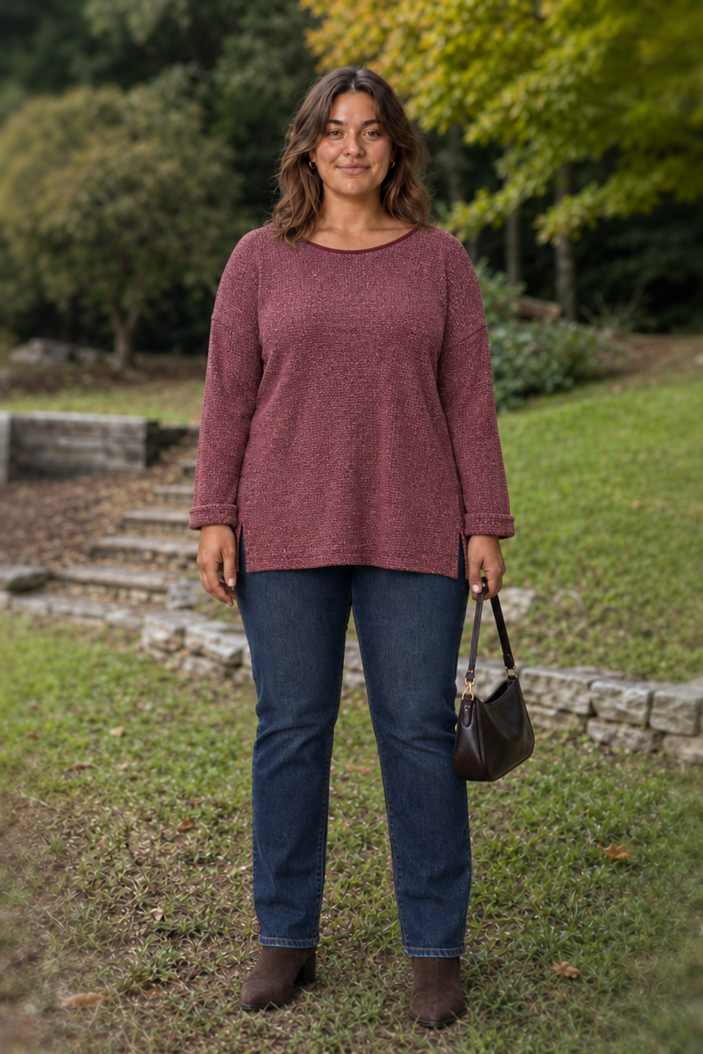 6522 Burgundy Roll Sleeve Mesh Knit Top Plus — front