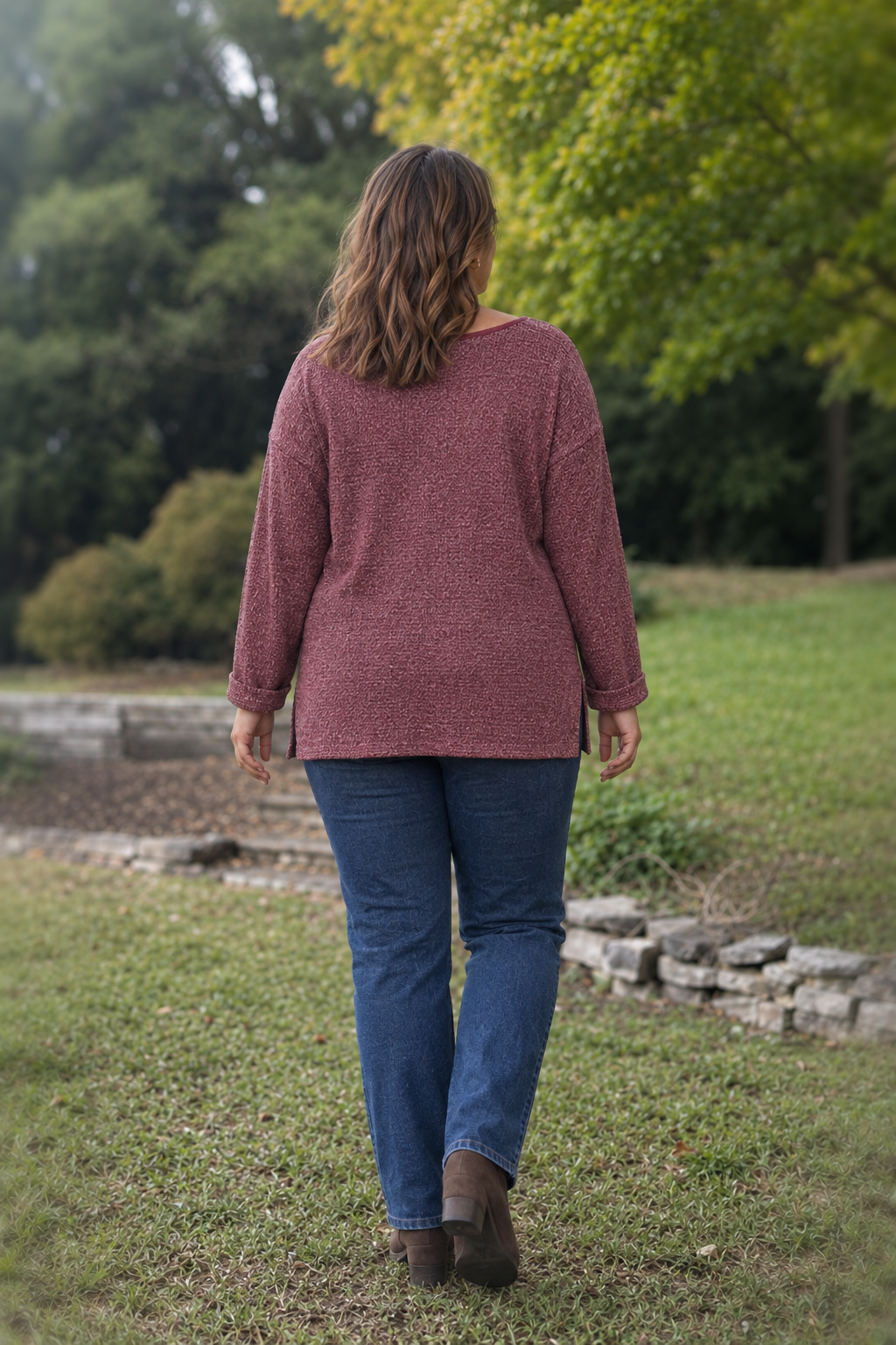 6522 Burgundy Roll Sleeve Mesh Knit Top Plus — back