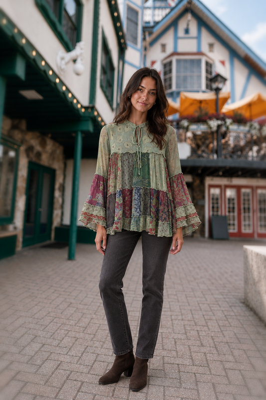 44335 Sage Patchwork Lace-Up Bell Sleeve Top — front