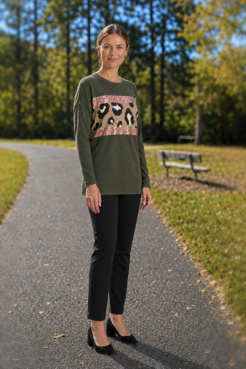 4074 Olive Leopard Sequin Stripe Hacci Top — front