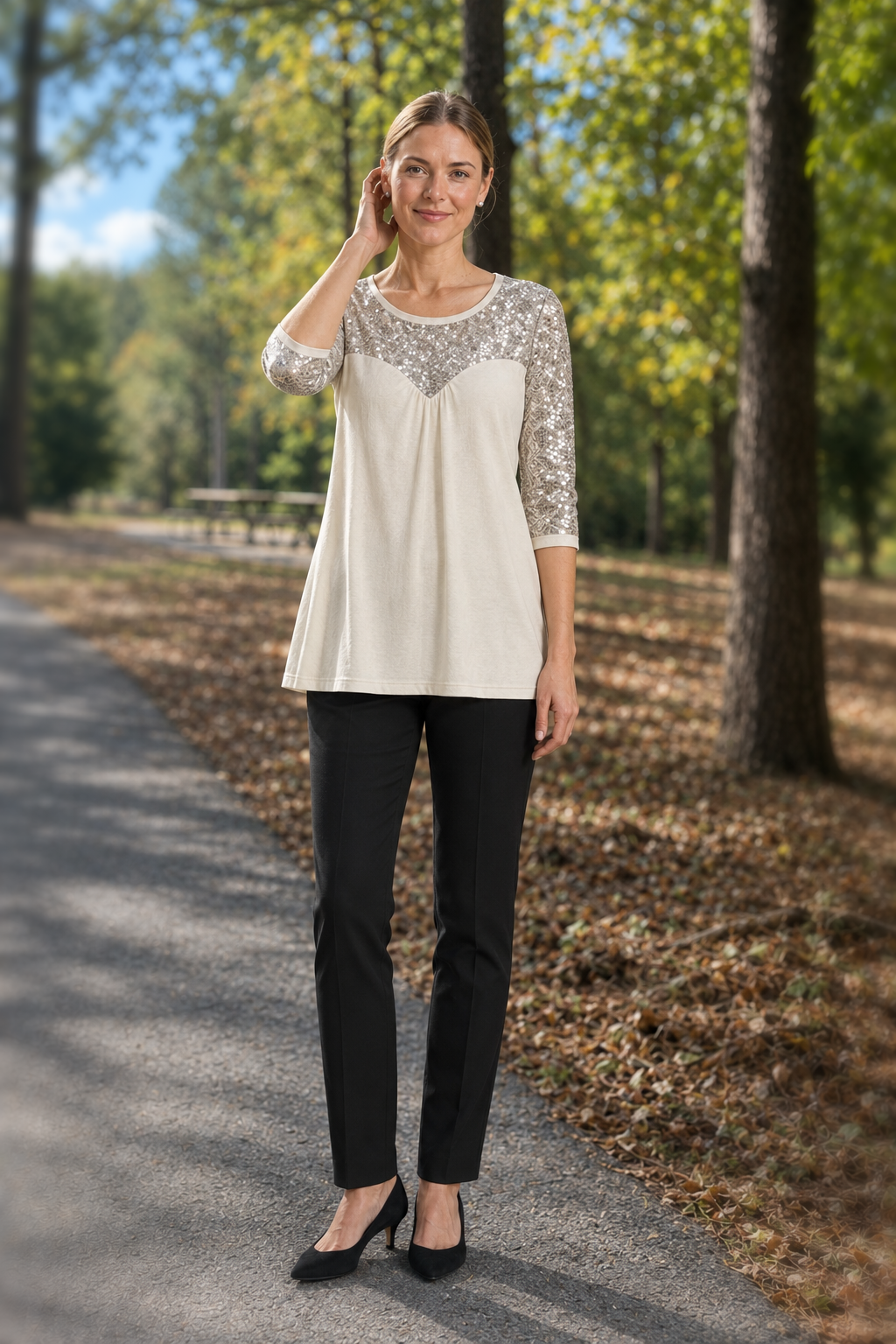 5683 Oatmeal Sequin Yoke Scoop Neck Top — front